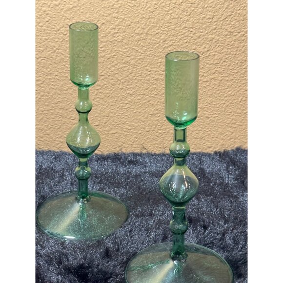 Poketo Glass Candlesticks Holder Green Set Of 2 With Elegant Design 8" - Picture 1 of 8